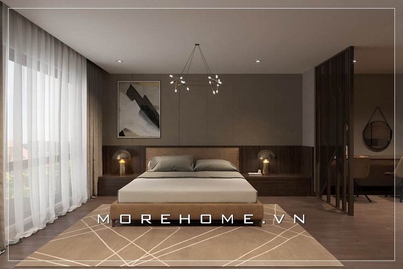 Thiết kế giường ngủ nhà phố hiện đại, đơn giản, phần chân thấp tạo cảm giác thông thoáng và thoải mái hơn cho không gian riêng tư của gia chủ